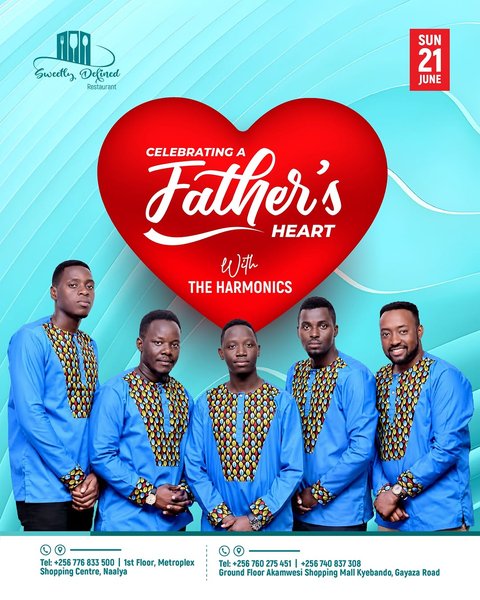 FATHER’s DAY with THE HARMONICS 

This father’s day, join us as we celebrate the Father’s Heart for their children. From Harmonics fathers to you, we look forward to acapella rthyms and voices of happy fathers ❤️‍🩹 at both branches. 

Date : Sunday June 21st 
Start time : 2pm - 6pm 

For reservations and inquiries:
📲 : 0776833500 (Metroplex) 
📲 : 0760275451 (Akamwesi) 

#familydinning #restaurant  #fathersday #sweetlydefined #uganda