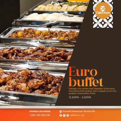 Monday - thursday we have your lunch options settled, enjoy a variety of daily changing buffet menu from our kitchen cooked, served hot and fresh. 
 Order your lunch or visit cafe euro in kawempe and taste the difference. #cafeeuro #buffet #localfood #kampalaeats