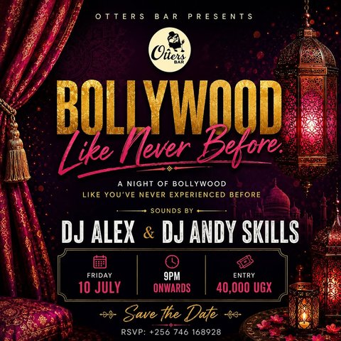 💃 Bollywood Like Never Before.

Forget everything you know about a typical Bollywood night.

Expect curated music, an elevated crowd, and a night where every beat keeps you moving.

🎧 DJ Alex & DJ Andy Skills

📅 Thursday, 10 July
🕘 From 9PM
🎟 Entry: 40,000 UGX

This isn’t just another themed night.
It’s the Bollywood experience you’ve been waiting for. ✨

#kampalanightlife #bollywood #kampala #fridayparty #ottersbarkampala
