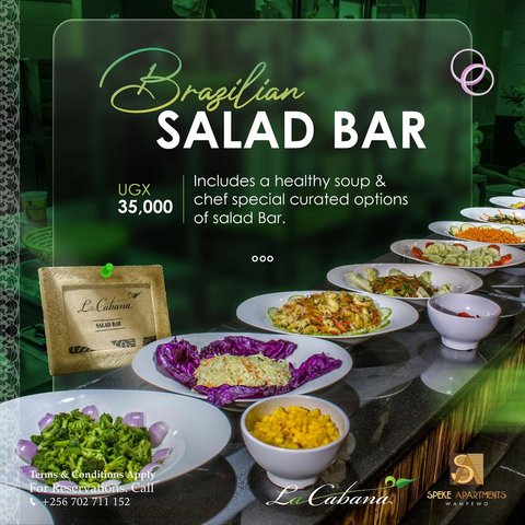 Treat yourself to our Brazilian Healthy Salad Bar—where every plate is made with the freshest ingredients and bold, wholesome flavours. Start with your choice of soup, then build your perfect meal from our delicious selection of signature salads.

Contact +256 702 711 152 for reservations
https://spekeapartments.com/wampewo/dining/
#restaurantandbar #restaurant #bar #food #cocktails #foodie #lacabanaug 
#BrazilianSaladBar #FreshFlavours #SaladLovers