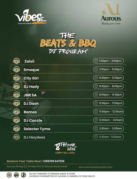 The Vibe Curators for the BEATS & BBQ (Women's Day Edition)🎶.📆 08/03/2026
 @city_girlug @dj_hady @official_jnrsa @dj_dashug @bamos_deejay @selectortymo 
For Table reservations; ☎️+256709647130 / +256777353347