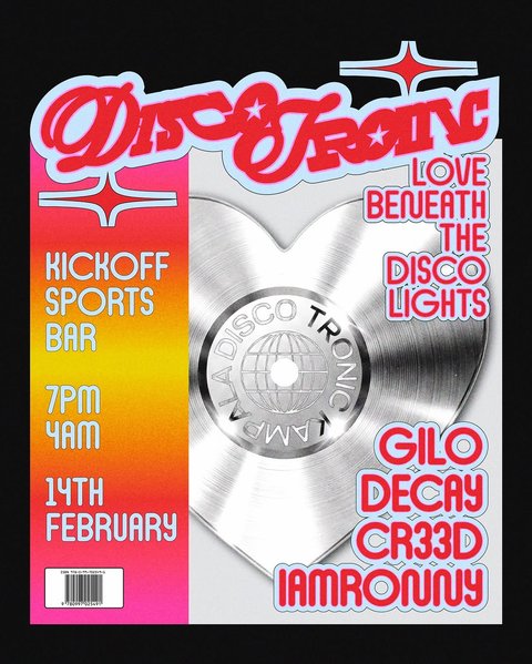 14/Feb ❤️🪩—— a retro night of disco grooves, funk and timeless love on the dance floor, where disco balls glow, hearts connect and classic disco rhythms bring Kampala together.

A celebration of love, sweat and dance floor unity beneath the disco lights. 

Doors open at 07:00 pm - 4:00 am
Tickets available online at 15k ugx [Door sales available]
Location: @kickoffsports_ug 

LINEUP
@g_low_ 
@darlkom 
@c_r_3_3_d 
@iamronny925 

🎨 @beyond.ordinary.work