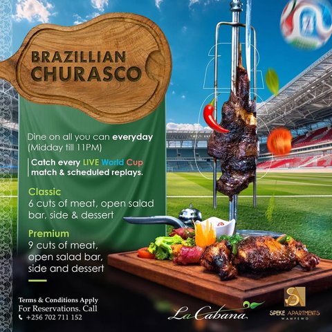 Catch every single LIVE World Cup match and scheduled replay while diving into an all-you-can-eat Brazilian Churrasco feast.

Contact +256 702 711 152 for reservations
https://spekeapartments.com/wampewo/dining/
#restaurantandbar #restaurant #bar #food #cocktails #foodie #lacabanaug #lacabana #churrasco #WorldCupVibes #WatchAndDine #MatchDayMood #LiveFootball