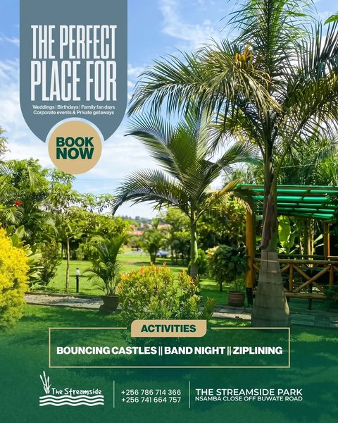 Create moments worth remembering in a place you'll never forget! 

From weddings and birthdays to family fun days, corporate events, and private getaways, The Streamside Park has the space, scenery, and experiences to make every occasion special.

📍 Nsamba Close, off Buwate Road
📞 +256 786 714 366 | +256 741 664 757

#TheStreamsidePark #EventVenue #FamilyFunDay #CorporateEvents #Weddings PrivateGetaways