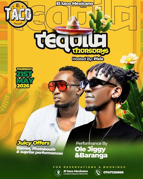TEQUILA THURSDAYS ARE BACK 🥃🌮 
5 Tequila Shots @ 5K 
Skull Cocktails: Buy 1 Get 1 FREE 
Bucket of Beer @ 30K for 5 local beers 
Special discounts on Tequila Bottles all night 

Hosted by the one and only Pixie 💃🏽 
Pull up to El Taco Mexicano, Bukoto, Ntinda Rd and let’s get loud. 

Reservations: 0747126666 
#TequilaThursdays #ElTacoMexicano #KampalaNightlife #TacoAndTequila ThirstyThursday