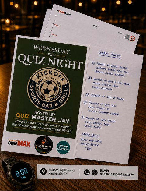 Hello Quizzers! 

It’s Wednesday, so it’s Quiz Night as usual! 🍻🧠
Our regular Quiz Master Jay is away for a few weeks due to a personal emergency and some travel.
In the meantime, we’re excited to welcome Quiz Master Deed, who’ll be keeping the quiz fun, competitive, and full of great vibes!

📍 Kickoff Sports Bar & Grill
🕗 8:00 PM
See you tonight, and join us in wishing Jay all the best. We’ll be happy to welcome him back soon!
