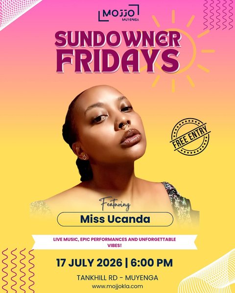 This Friday we catching 🔥🔥🔥🔥🔥🔥🔥 at Sundowner Fridays 

Featuring Miss Ucanda

Vibes high.  Good music. Delicious food. Drinks + good company. 

🗓️ Friday, 17th July 2026
🕕 6PM till late
💰 FREE ENTRY
📞 Reserve: +256 766 529 014