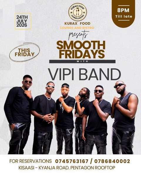Catch the vibe before the weekend passes you by! 🎷✨

The Vipi Band is taking the stage this Friday Night to deliver pure energy, live soul, and non-stop rhythms. Bring your squad, grab your favorite drink, and let’s make memories to start the weekend right! 🥂🎶

📍Kurax Foods Kyanja
⏰9:30pm —12:30am
🎟️ Reserve your spot / Table bookings:https://www.tiktok.com/@kuraxfoodskyanjaofficial?_r=1&_t=ZS-98GYNdmmLDj