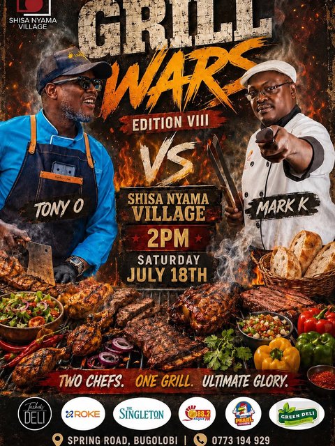 Mark your calendars because the #ShisaNyamaVillageGrillWars are back tastier than ever before on Saturday, July 18th🥩🍻🥃🍖🌶️🍅🔥. 

It’s @markkaheru vs @comradeotoa at ShisaNyama Village🔥.

#TeamMark #TeamTony #ShisaNyamaVillage

@roke.telkom @88.2sanyufm @tashas.deli @biyinzikaug #GreenDeliSpicesUg