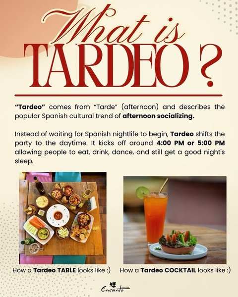 Why wait until midnight when the best energy happens at 4:00 PM? 🗓️💫

Ever heard of TARDEO? 🤔✨ 

In Spain, it’s a legendary tradition, and we are bringing the ultimate daylight vibe straight to Encanto. 

The rules are simple: you skip the late-night wait, start around 4pm (or afterwork) and dive into great drinks, incredible music, and tapas while the sun is still up. 🥂☀️

Think of it as the art of a perfect sobremesa—gathering your favorite people, dancing early, and squeezing every single drop out of your day without losing your next morning. 🍹🎶

Swipe through to see what it’s all about, and come experience it yourself. The real vibe starts early. 🌅

📍 Meet us at Encanto to start a new tradition. 
Who are you bringing with you? Tag 🏷️ your friends👇

#encantotapasbar #rootop #sunset #cocktails #foodlover