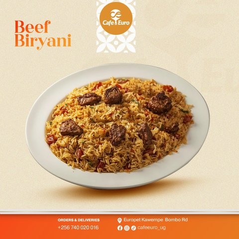Tender, perfectly seasoned beef served over fragrant biryani rice, prepared for a rich and satisfying dining experience.  Order your Beef Biryani today or visit Cafe Euro for a meal worth coming back for. #indianfood #cafeeuro #kampalaeats