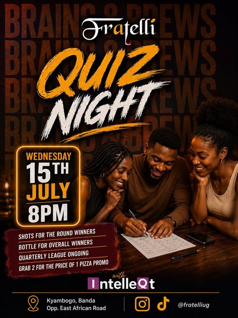 Some questions are hard...
“What should we do on Wednesday?” isn’t one of them. 😌

🧠 Quiz Night
🍕 Buy One Pizza, Get One FREE

See you at Fratelli!
.
.
.
#FratelliUG #QuizNight #PizzaLovers #WednesdayPlans