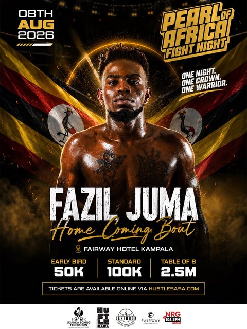 The homecoming is here 🥊🇺🇬

Fazil Juma returns to the ring to headline the inaugural Pearl of Africa Fight Night – Season One. Get ready for an action-packed evening of elite boxing, premium entertainment, and an electric atmosphere unlike anything Uganda has seen before.

📅 Saturday, 8th August 2026
📍 Fairway Hotel, Kampala

🎟️ Tickets:
• Early Bird – UGX 50,000
• Standard – UGX 100,000
• VIP Table (8 Guests) – UGX 2,500,000

Secure your tickets now at HustleSasa and be part of the night that ushers in a new era of boxing in Uganda.

#PearlOfAfricaFightNight #FazilJuma #AllEventsKla