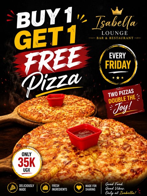 End the week the delicious way! 
Buy 1 Pizza and get 1 FREE today at Isabella Lounge. Double the flavour, double the fun! 🍕🍕 

#PizzaFriday #Buy1Get1Free #isabellalounge #pizzapromotion #fyp