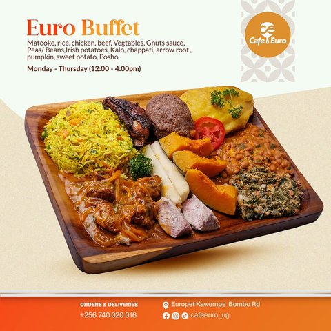 Every meal is a feast. Join us every day for a fresh buffet filled with your favorite dishes, great flavors, and unlimited choice.

Come hungry. Leave satisfied.

Visit us today and enjoy an all you can eat buffet experience. #localfood #kampalaeats #cafeeuro #fresh