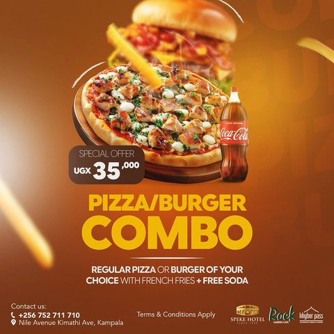 Treat yourself to a satisfying meal at Speke Hotel Kampala with your choice of pizza or burger, paired with crispy fries and a complimentary soda, all for just UGX 35,000.

https://www.spekehotel.com
Contact Us: +256 752 711 710 / +256 752 711 709
#RockGardenCafe #SpekeHotel