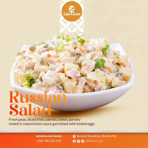 A bowl of freshness awaits. Crisp veggies, creamy dressing, and delicious flavor in every spoonful. Try our Russian Salad today.#cafeeuro #kampalaeats #salad
