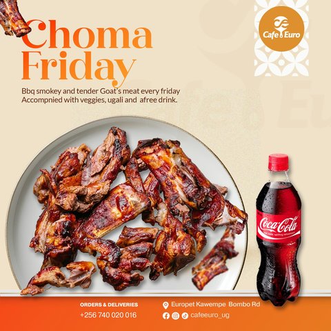 Get a taste of the smokey tenderized mbuzi nyama choma accompanied with lots of veggies, posho and afree drink of your choice  Every friday is a nyama feast at cafe euro book your plate for delivery or walkin and dine with your friends  #cafeeuro #localfood #kampalaeats #nyamachoma