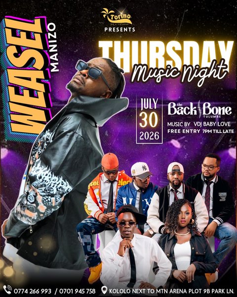 Thursday just got louder! Weasel Manizo is bringing the hits, the hype, and the kind of live performance that turns an ordinary night into an unforgettable one.
Don't miss the takeover!

#TorinoKampala #ThursdayLiveMusic
#Torinobandnights
@radioandweasel 
@the_backbone_band