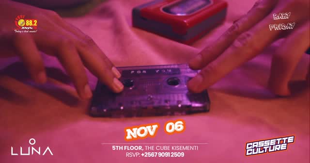 Tomorrow, the city turns up the volume. 🎸
Cassette Culture — Where Pop Meets Rock
🎙️ Hosted by Siima
🎧 Brought to you by 88.2 Sanyu FM × Baby Friday
📅 Thursday, 6th November 2025
📍 Luna Lounge, 5th Floor, The Cube, Kisimenti
Pop. Rock. Chaos. Vibe. 🔥
🎵 Scan the code. Hear the energy before you walk in.
#CassetteCulture #BabyFriday #Siima #SanyuFM #LunaLounge #PopMeetsRock #PressPlay #KampalaEvents #ThursdayNights #NightlifeUG #kampalanightlife
