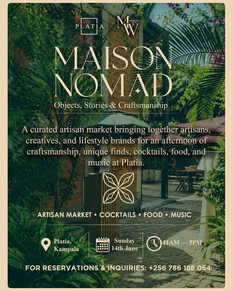 Join us on Sunday 14th of June for the first edition of Maison Nomad, a mindfully curated Artisan Market in the heart of Platia. 

An exquisite shopping experience, delicious foods, tasty cocktails and a live deep house Dj set awaits!

#Platia #MaisonNomad #ArtisanMarket #kampala