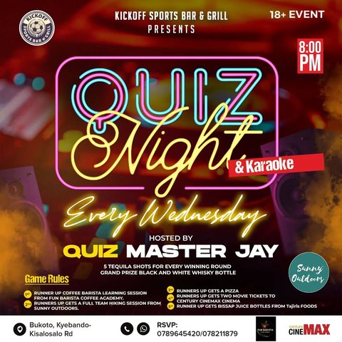📝Quiz Night & Karaoke 🎤
 Every WEDNESDAY 
📍Kickoff Sports Bar & Grill 🍻
 🕗 8 PM

Ready to test your Quiz talents? Our Quiz Master is back to challenge your knowledge with clever questions and cheeky banter that'll keep you on your toes all night long!

Gather your smartest crew and get ready for a fun-filled evening packed with lots of prizes 🎁

#trivia #quiz #karaoke #coldbeer #pub beerchug