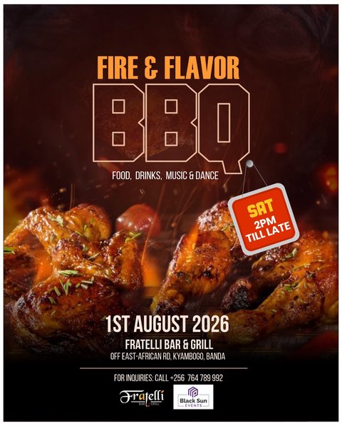 🔥 Fire up your Saturday.

The grill is hot, the drinks are cold, and the vibes are unmatched.

Join us for Fire & Flavor BBQ—an afternoon of mouthwatering BBQ, refreshing drinks, great music, and good company.

📅 Saturday, 1st August 2026
⏰ From 2PM till late
📍 Fratelli Bar & Grill, Kyambogo, Banda

Bring your appetite. We’ll handle the rest.

#FratelliUG #FireAndFlavorBBQ #BBQDay #KampalaEvents #GoodFoodGoodVibes