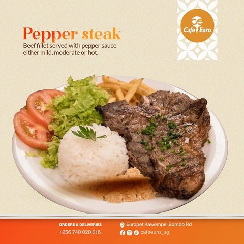 A perfectly grilled Pepper Steak. Tender, juicy, and finished with a rich pepper sauce. enjoy a dining experience made for steak lovers.  #cafeeuro #kampaladinning #kampalafoodie #cafevibes