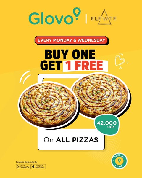 Every Monday and Wednesday, buy 1 Pizza and Get 1 FREE on all pizzas from Elevate for only UGX 42,000.

Why settle for one when you can have two? Share it with a friend or keep both. We won't judge.

Order now on Glovo before the deal is gone.

#GlovoUganda #Elevate #PizzaLovers #Buy1Get1Free #DeliveredByGlovo