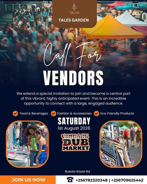 Become a Vendor at the Vintage Dub Market. 

Looking to showcase your brand, grow your customer base, and connect with a vibrant community? This is your opportunity, we’d love to have you.

Secure your stall today and be part of a market experience filled with great people, live entertainment, and amazing vibes.

📍 Tales Garden, Bukoto Kisasi Road
📞 +256 782 320348 | +256 709 625442

#VintageDubMarket #TalesGarden  #talebarandlounge