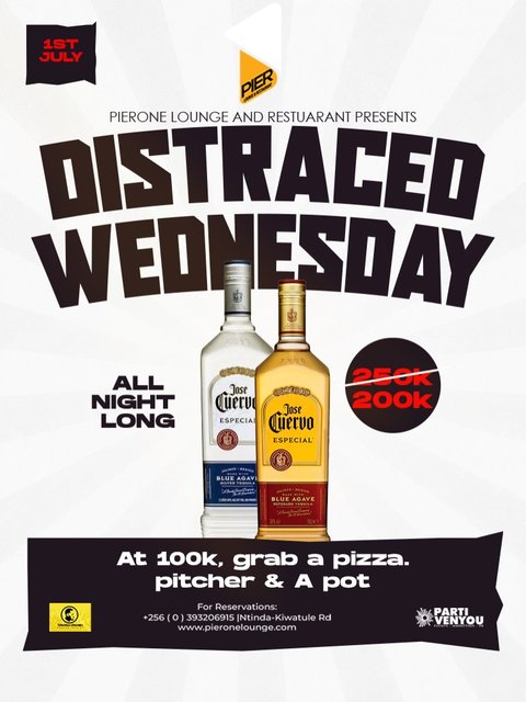 Pull up tonight for Good music. Great vibes and Amazing food 

🎧 Music By: 
Kerb • Kickoff DJ • Ston DJ • Adam
🎤 Hosted by: Shema Chento

🍕 Special Offer: Grab a pizza, pitcher & a pot for just UGX 100K

📍 Pier One Lounge & Restaurant, Ntinda–Kiwatule Road
📞 Reservations: +256 393 206 915

#DistractedWednesday #PierOneLounge #KampalaNightlife #MidweekVibes #PartyInUG