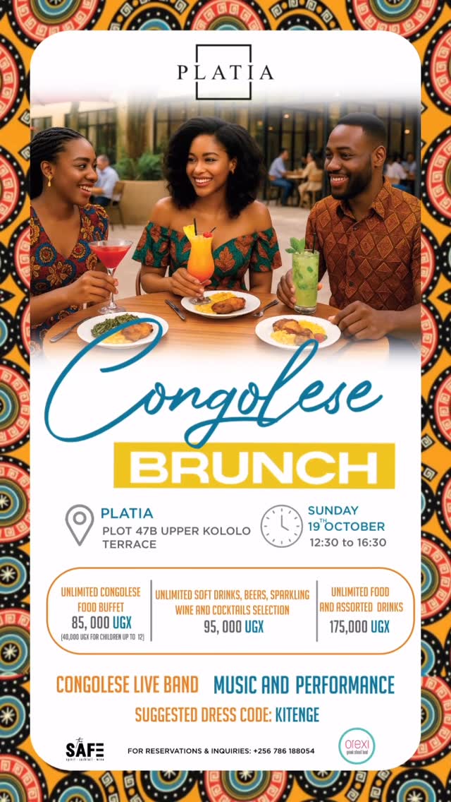 Congolese brunch is back for a second edition!! 

If last time you missed our incredible Lingala  band, the delicious unlimited Congolese food buffet (sombe addicts, show yourselves 👀) or our sparkling wine and cocktails bottomless bar… this is your time to show up and and show out! 

See you on Sunday 19th of October at Platia for serious enjoyment! 

#platiacongolesebrunch #CongoleseMusic #Kampala #uganda #congolesefood #bottomless