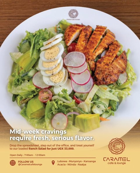​You’ve made it to the middle of the week. You deserve more than just a boring desk lunch. 🥗✨
​Mid-week cravings require fresh, serious flavor. Drop the spreadsheet, step out of the office, and treat yourself to our loaded Ranch Salad for just UGX 33,000.

​It is the perfect balance of healthy and satisfying—packed with fresh mixed lettuce, juicy cherry tomatoes, crisp green apples, golden chicken tenders, a boiled egg, and beautifully topped with fresh avocado and our signature ranch dressing. 🥑🍗
​Too busy to leave the desk? We’ve got you covered.

​👇 Tag the colleague who owes you a healthy lunch today!

​🛵 Available for 
​#MidWeekTreat #KampalaFoodies #CaramelLounge #UgandanFood #LunchInKampala FoodDeliveryUG HealthyKampala KampalaEats
