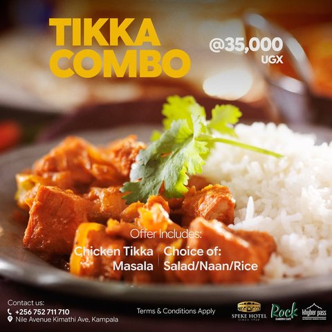 Enjoy the perfect Tikka Combo at Khyber Pass Restaurant, featuring flavorful Chicken Tikka Masala with your choice of naan, rice, or salad for just UGX 35,000.

Contact us: +256 752711710
https://www.spekehotel.com
#SpekeHotel #Khyberpassrestaurant