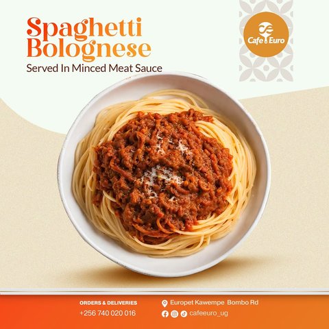Twirl into a plate of rich, hearty Spaghetti Bolognese, slow cooked, full of flavor, and made fresh for every order. Visit us today or place your order now  #fastfood #cafeeuro #kampalaeats #spaghettibolognese