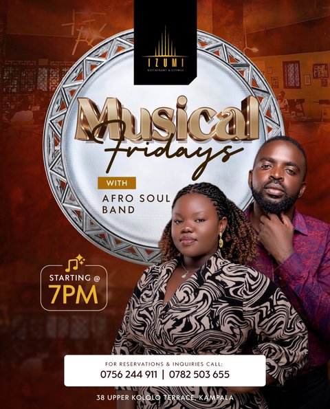 It has been a long week, unwind with great music and food at Izumi, 38 Upper Kololo Terrace.