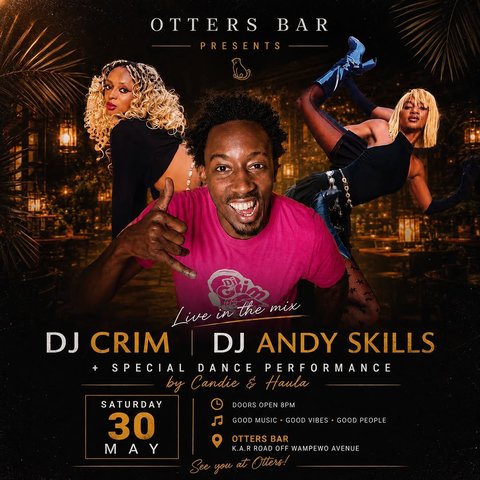 Saturday nights hit different at Otters. 🔥

DJ Crim & DJ Andy Skills live in the mix with special dance performances by Candie & Haula.
Good music. Good vibes. Good people.

📍 Otters Bar
K.A.R Road off Wampewo Avenue
🗓 Saturday, 30 May | Doors open 8PM

See you at Otters.

.

.

.

.

#kampalanight #kampala #saturdayparty #saturday