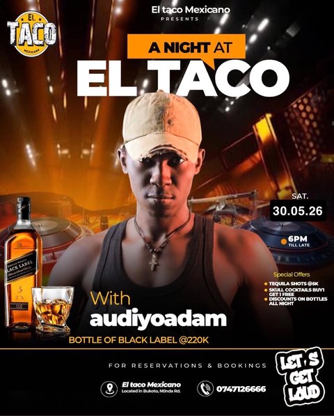 👋🏿Hey. You outside May 30th?

Good taco deals.Good tequila.Good music

afrosoul. afrobeat. house

sat. 30th May 📍 El Taco Ntinda.

No tickets, just come…

🗣 ACTIIIVE