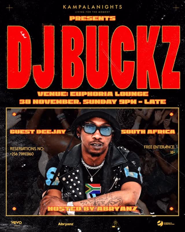Turn up the heat this Sunday! 🔥 @deejay_buckz 🇿🇦live @euphoria.ug — South Africa meets Kampala for an unforgettable night. 

 FREE ENTRY 
For table bookings & reservations:
📞 +256 791 413160

Don’t miss the ultimate Kampala nightlife 📌

#kampalanights #abryanzevents