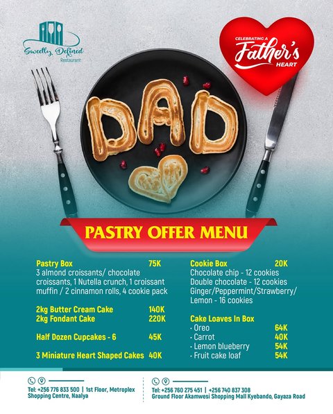 Father’s Day Gratitude Pastries

Unsure of what to gift your dad this father’s day? We’ve got your back. Our father’s day bakery offers have so much for dad’s to try. From pastry combos, to cakes, and cookies - there’s so much to offer. 

📩 Pre-order now to celebrate your father
📲 : 0780322777 (BakeShop) 
📲 : 0776833500 (Metroplex) 
📲 : 0760275451 (Akamwesi) 

#fathersday #Celebratedad #SweetlyDefined #MadeWithLove #pastries