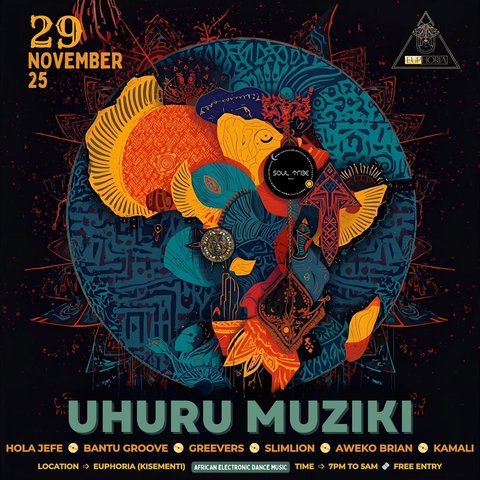 @soultri3e presents UHURU MUZIKI ➩ a night dedicated to freedom in sound and movement 🪩

Taking place on 29 November at @euphoria.ug this edition carries a strong artistic identity, blending tradition with futuristic African Electronic Dance Music 🎵

HOLA JEFE, BANTU GROOVE, GREEVERS, SLIMLION, AWEKO BRIAN, and KAMALI guide the journey from 🌅 dusk to dawn 🌃 blending percussive basslines and ancestral textures 🥁🪇

Join us for a community driven experience where art, identity, and sound collide 👁️

🎫 Free Entrance 

#uhurumuziki #soultri3e #euphoria #kampala #uganda #african #electronic #dance #music #culture #community #soundcollective #liveentertainment #lifeofadj