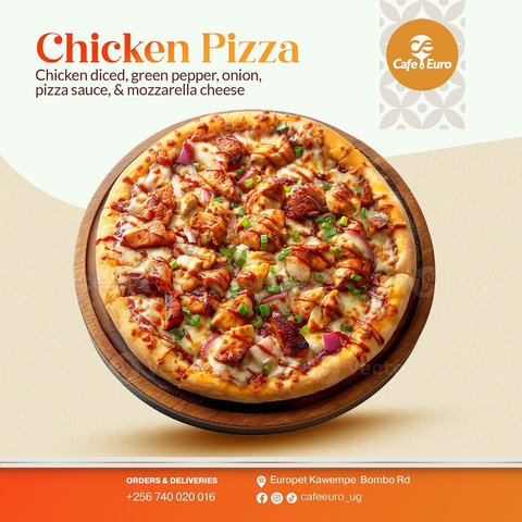 Golden, cheesy, and loaded with tender chicken in every slice. Dine in or order for delivery today. Your next great meal is one call away. #kampalaeats #cafeeuro #fastfood #pizza