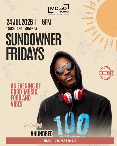 This Friday 24th July, 2026 from 6pm 

We are featuring our very own @ahundred_256 

Turn up for Good vibes on the hill 🔥🔥🔥🔥
#mojjokla #sundownerfridays #liveband #kampalauganda🇺🇬❤️😋 #muyenga