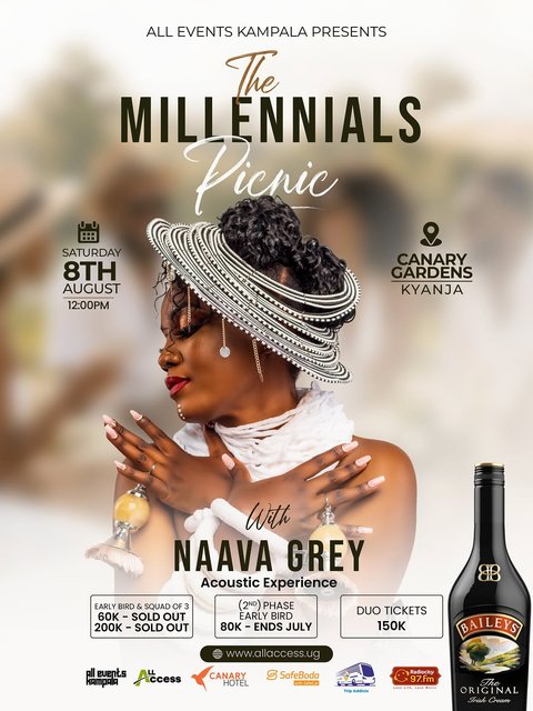A voice that speaks to the soul.

We’re delighted to welcome @naavagrey to @themillennialspicnic for a special Acoustic Experience.

Get ready for an intimate live performance filled with heartfelt melodies, timeless music, and the perfect soundtrack to a beautiful day outdoors.

Join us on 8th August at Canary Gardens as Naava Grey brings a magical acoustic set to The Millennials Picnic.

🎟️ Get your tickets now at www.allaccess.ug

#TheMillennialsPicnic #NaavaGrey #AcousticExperience #AllEventsKla