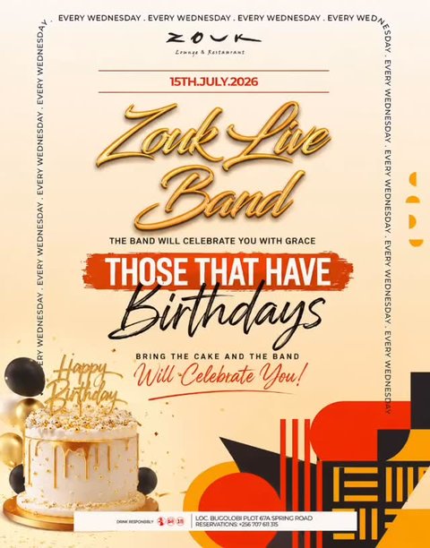 Your birthday deserves more than just a cake… it deserves a celebration with a LIVE BAND! 

Celebrate your special day with us every Wednesday at Zouk Lounge & Restaurant. Bring your birthday cake, gather your friends, and let the band make your celebration unforgettable with amazing live music, great vibes, and lasting memories. 

📍 Zouk Lounge, Bugolobi
📅 Every Wednesday
📞 Reservations: +256 707 611 315

Tag your birthday squad and let’s celebrate together! 

#ZoukLiveBand #BirthdayCelebration #LiveMusicUg #ZoukLoungeBugolobi #WednesdayVibes
