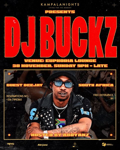 Turn up the heat this Sunday! 🔥 @deejay_buckz 🇿🇦live @euphoria.ug — South Africa meets Kampala for an unforgettable night. 

 FREE ENTRY 
For table bookings & reservations:
📞 +256 791 413160

Don’t miss the ultimate Kampala nightlife 📌

#kampalanights #abryanzevents