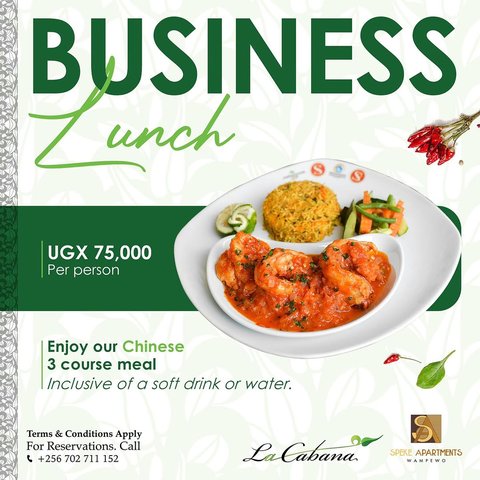 Your lunch break just got an upgrade. 🥢
Enjoy a perfectly curated 3-course Chinese Business Lunch for only UGX 75,000, complete with a refreshing soft drink or water.

Contact +256 702 711 152 for reservations
https://spekeapartments.com/wampewo/dining/
#restaurantandbar #restaurant #bar #food #cocktails #foodie #lacabanaug #lacabana #BusinessLunch #LaCabana #ChineseFood #WorkLunch #TasteTheDifference #KampalaEats