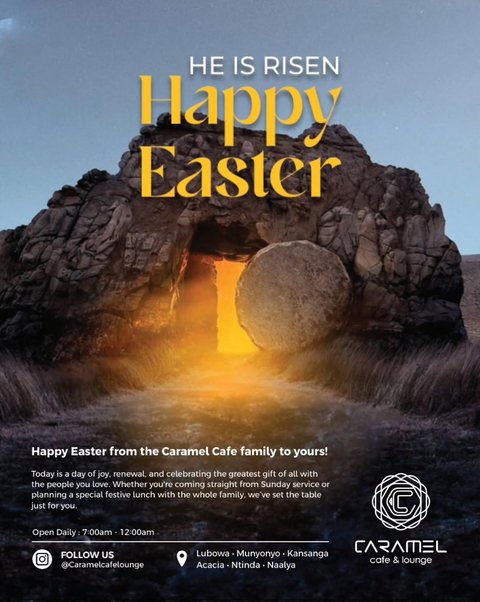 Happy Easter from the Caramel Cafe family to yours! ✨🕊️

​Today is a day of joy, renewal, and celebrating the greatest gift of all with the people you love. Whether you're coming straight from Sunday service or planning a special festive lunch with the whole family, we’ve set the table just for you.

​Indulge in our signature platters, fresh salads, and sweet treats as we celebrate this beautiful Easter Sunday together.

​Let’s make today memorable. Bring the family, share a meal, and let us take care of the rest. 🍽️🥂

​📍 We are open all day from 7:00 AM to 12:00 AM across all our locations:
Lubowa · Munyonyo · Kansanga · Acacia · Ntinda · Naalya.

​#HappyEaster #EasterSunday #EasterInKampala #CaramelCafe #KampalaRestaurants FamilyTime Uganda EasterBrunch KampalaFoodies