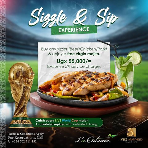 🔥 Sizzle on your plate, refreshment in your glass 🍹
Buy any sizzler and enjoy a FREE virgin mojito as you catch every LIVE World Cup moment at La Cabana. ⚽

Contact +256 702 711 152 for reservations
https://spekeapartments.com/wampewo/dining/
#restaurantandbar #restaurant #bar #food #cocktails #foodie #lacabanaug #lacabana #SizzleAndSip #WorldCupVibes #WatchAndDine #MatchDayMood #LiveFootball