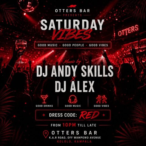 Kampala, are you ready? ❤️

🎧 DJ Andy Skills
🎧 DJ Alex

🔴 Dress Code: Red
🕙 From 10PM till late

📍 K.A.R Road, Off Wampewo Avenue, Kololo

⚽ World Cup Score Challenge

Comment your score predictions before Saturday night.

🍷 Get them right and win a bottle of wine at Otters.

See you on the dance floor!  #kampala #kampalasaturday #kampalaparty #saturdaynight #dresscode